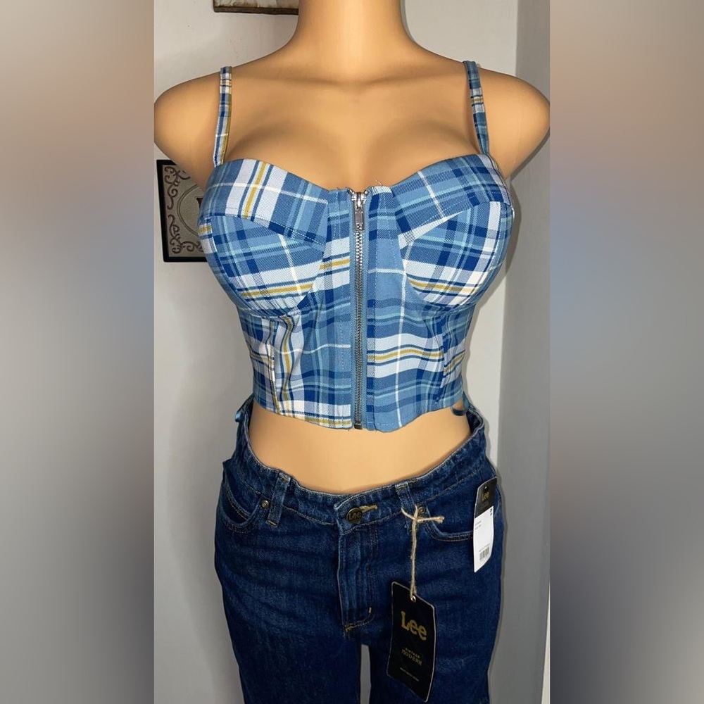NWT SMOCKED PLAID COWGIRL CROP TOP SPAGHETTI STRAPS CHECKERED SIZE L